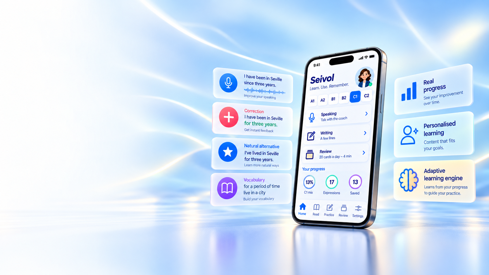 Seivol app on a phone with floating practice cards and progress insights