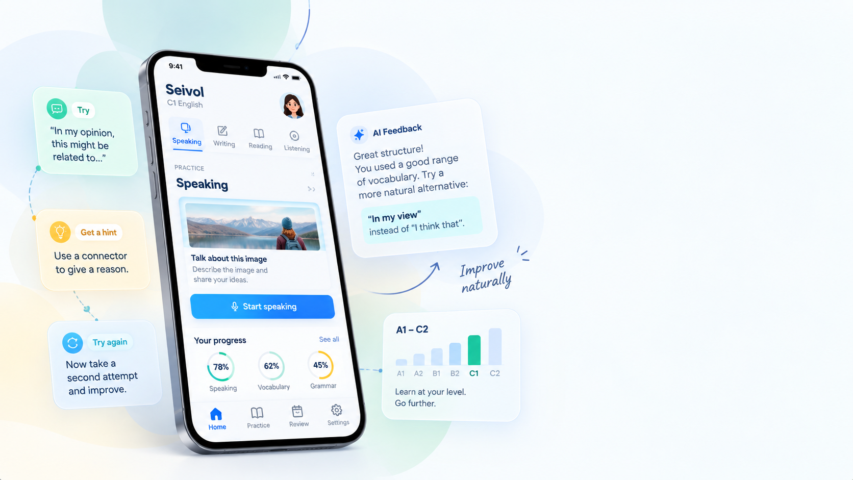 Seivol practice: try, get a hint, try again, with AI feedback cards