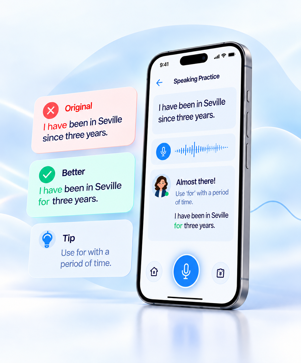 Phone and feedback cards: Original, Better and Tip during speaking practice