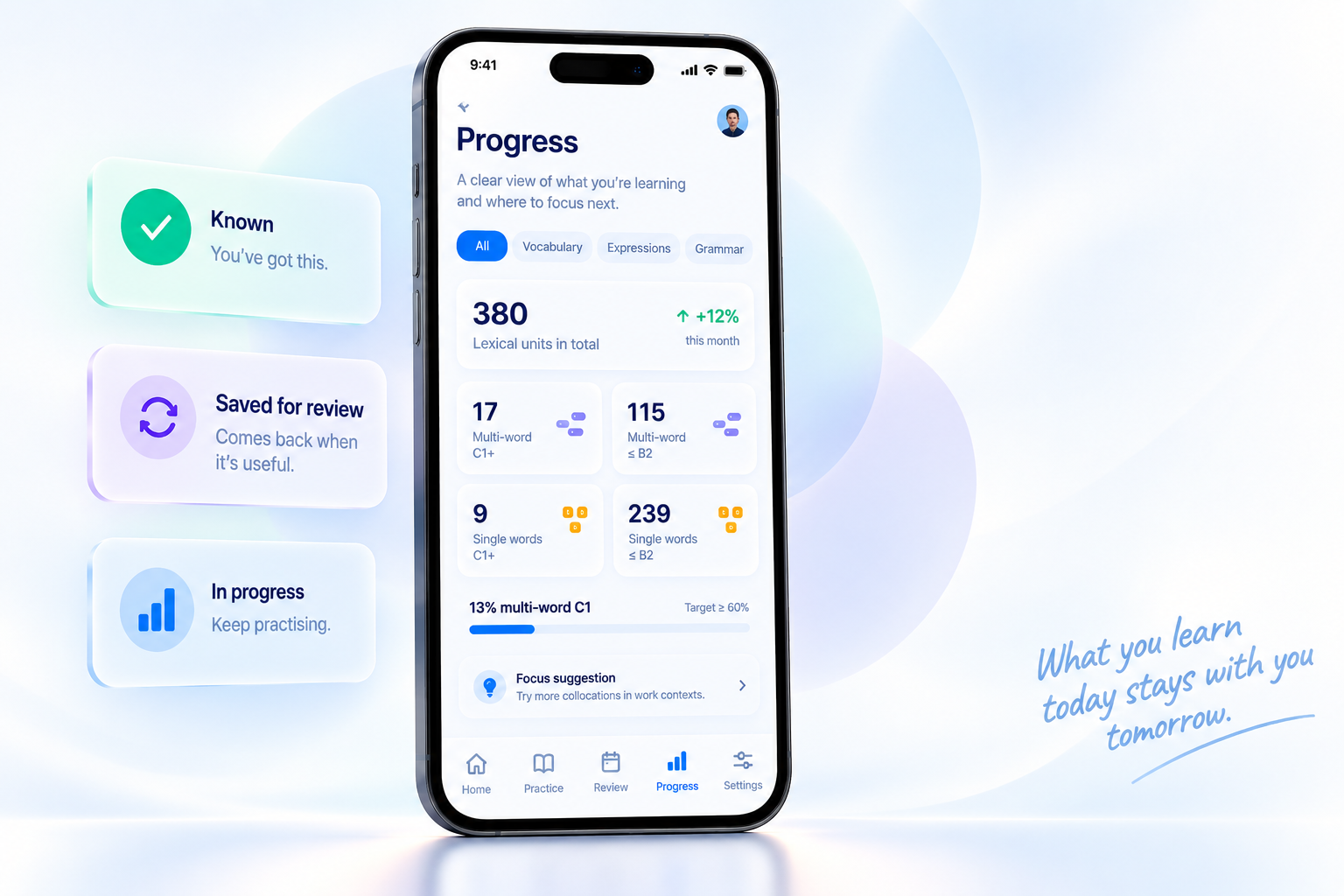 Seivol Progress screen with Known, Saved for review and In progress cards
